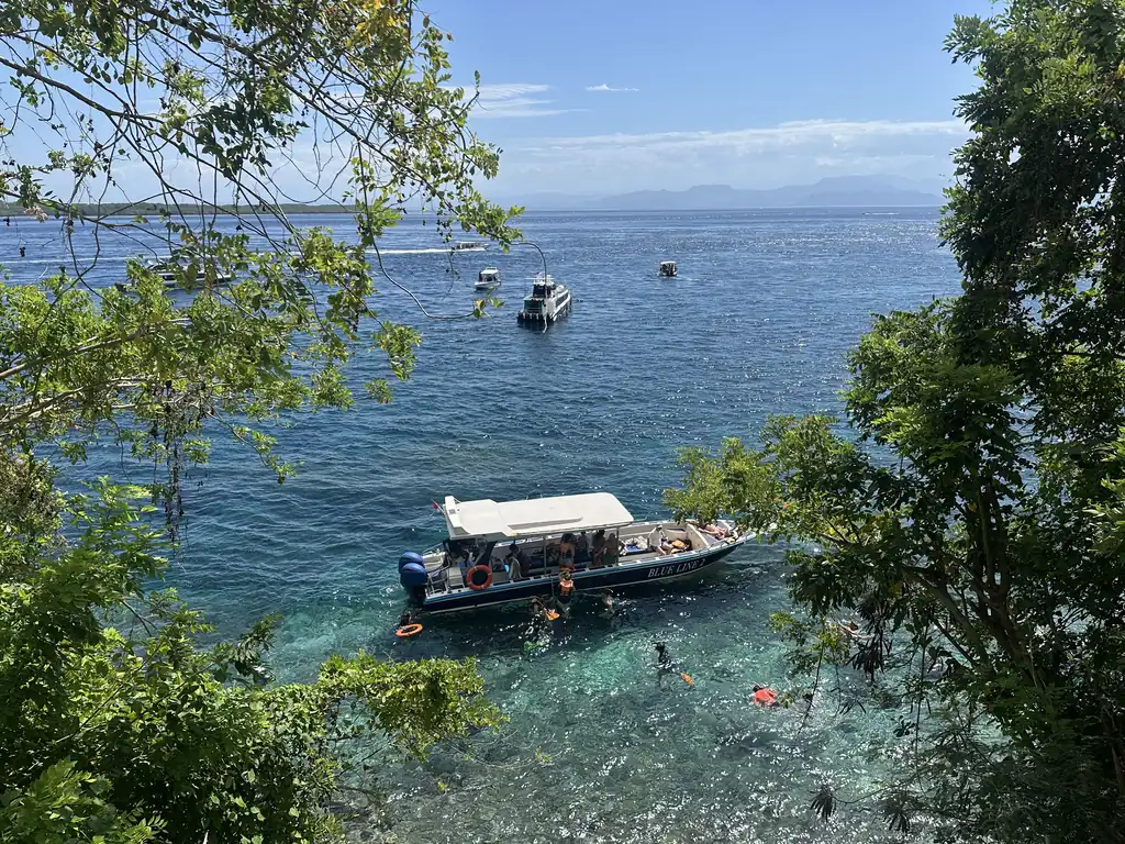 Snorkeleurs au-dessus du mur de corail en bas d'Adiwana Warnakali, surveillés depuis leur bateau, Toyapakeh, Nusa Penida